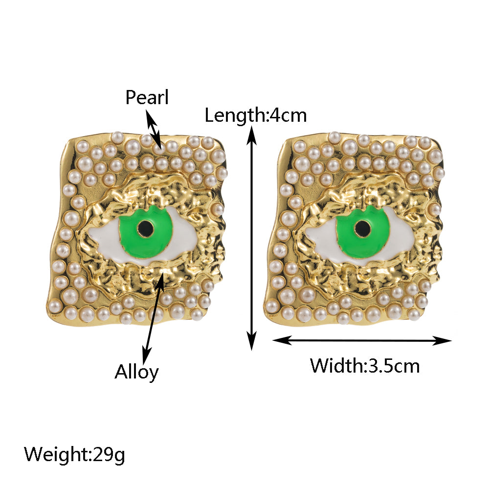 Classic Style Devil's Eye Square Inlay Alloy Pearl Gold Plated Ear Studs