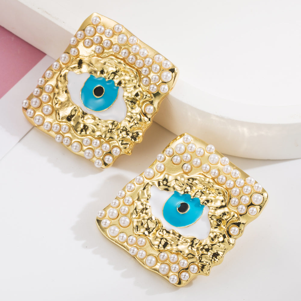 Classic Style Devil's Eye Square Inlay Alloy Pearl Gold Plated Ear Studs