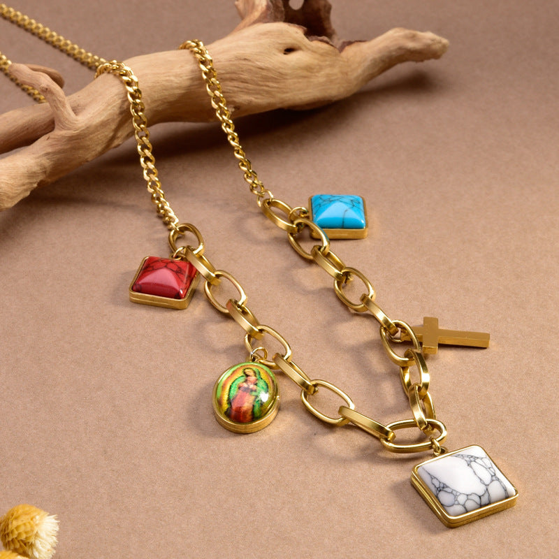 Sweet Cross Heart Shape 304 Stainless Steel Turquoise Resin Opal 18K Gold Plated Plating Inlay Pendant Necklace