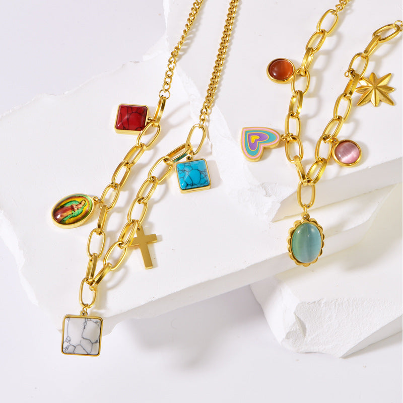 Sweet Cross Heart Shape 304 Stainless Steel Turquoise Resin Opal 18K Gold Plated Plating Inlay Pendant Necklace