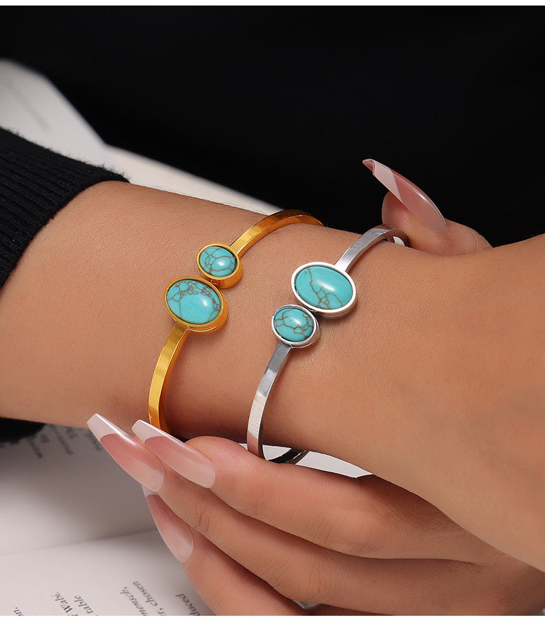 Bohemian  Round 304 Stainless Steel Natural Stone Bangle