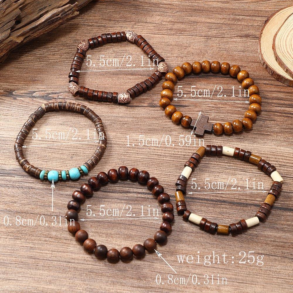 Retro Cross Wooden Beads Turquoise Beaded Unisex Bracelets, pack of 3 sets