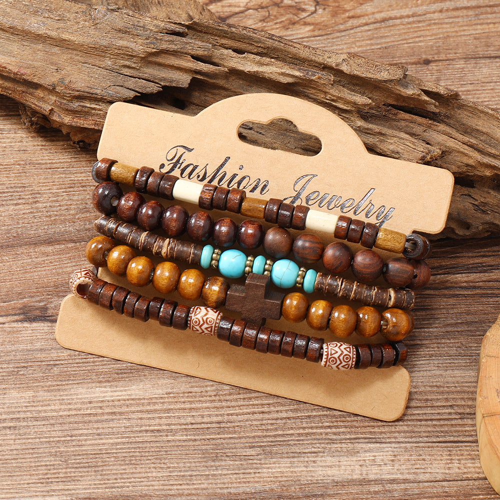 Retro Cross Wooden Beads Turquoise Beaded Unisex Bracelets, pack of 3 sets