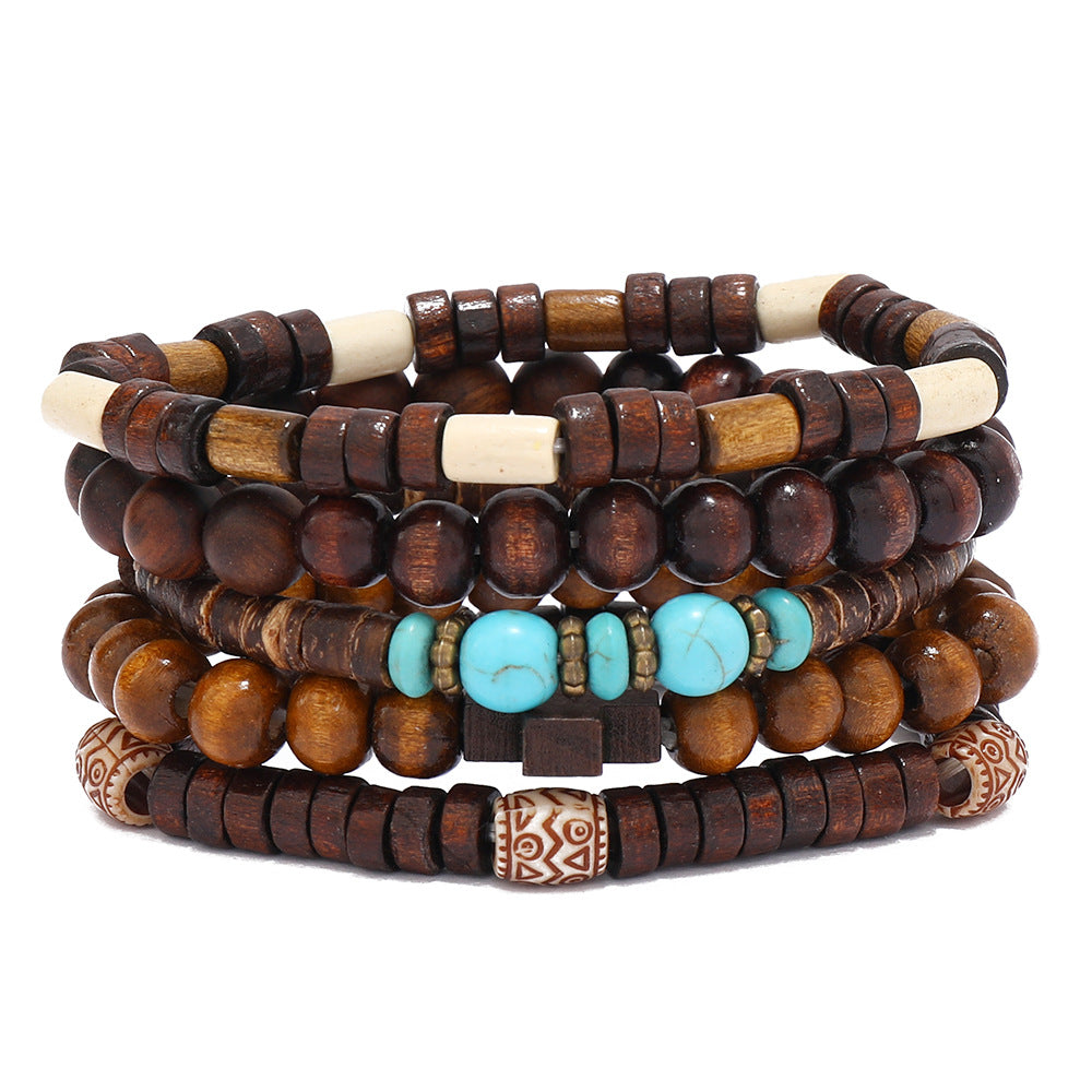 Retro Cross Wooden Beads Turquoise Beaded Unisex Bracelets, pack of 3 sets