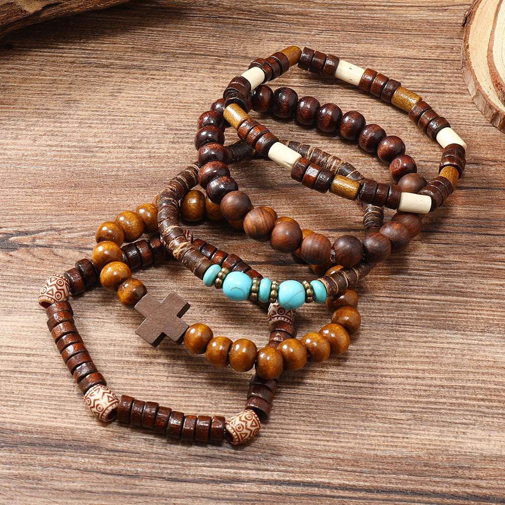 Retro Cross Wooden Beads Turquoise Beaded Unisex Bracelets, pack of 3 sets