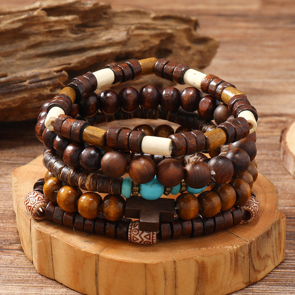 Retro Cross Wooden Beads Turquoise Beaded Unisex Bracelets, pack of 3 sets