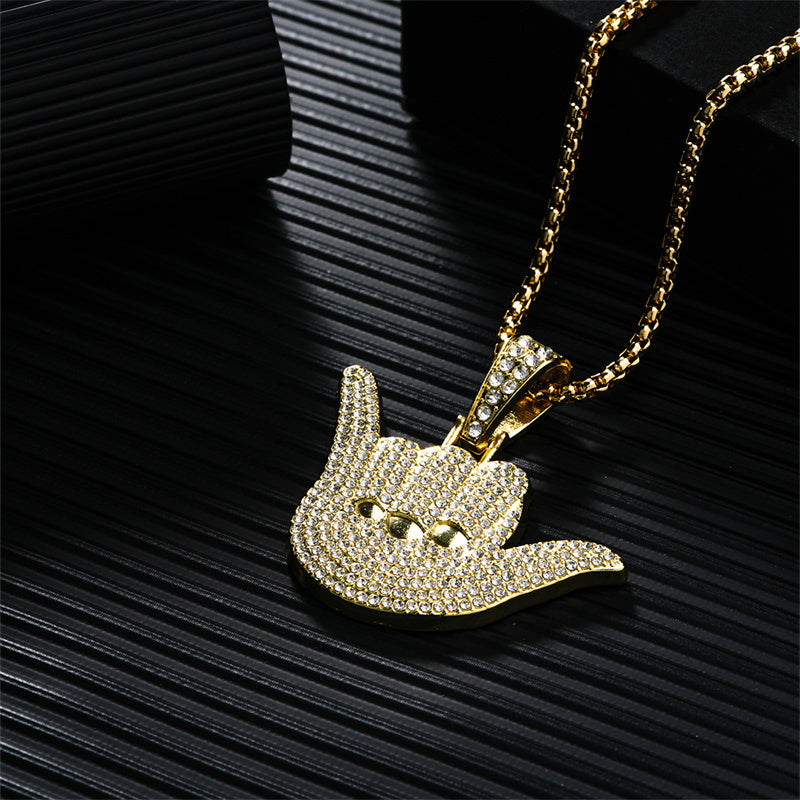 Hip-Hop Novelty Streetwear Gesture 304 Stainless Steel Alloy Asymmetrical Inlay Rhinestones K Gold Plated Rhodium Plated Unisex Pendant Necklace