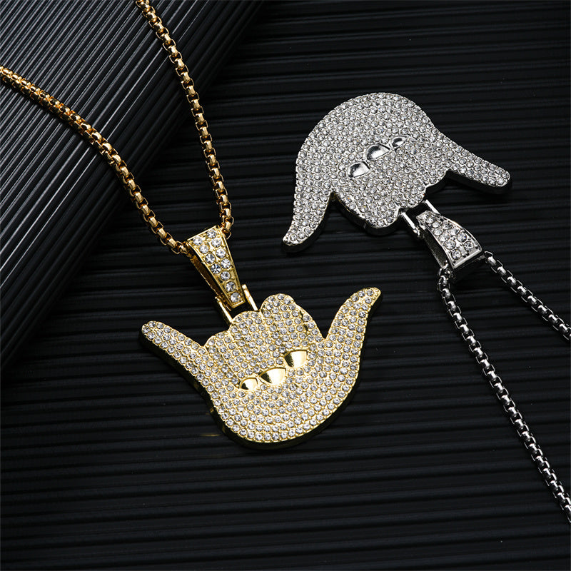 Hip-Hop Novelty Streetwear Gesture 304 Stainless Steel Alloy Asymmetrical Inlay Rhinestones K Gold Plated Rhodium Plated Unisex Pendant Necklace