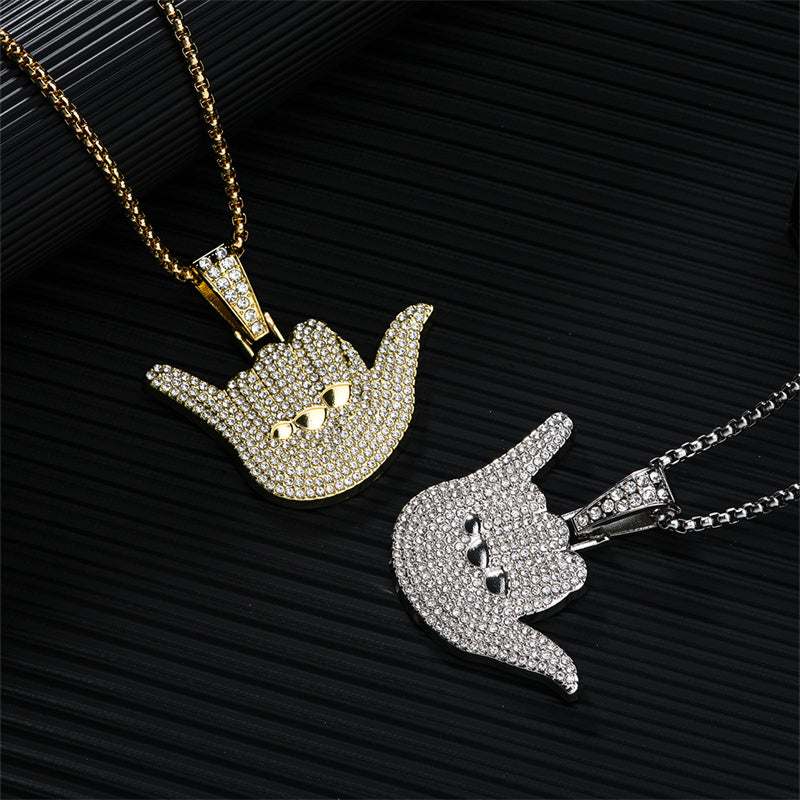 Hip-Hop Novelty Streetwear Gesture 304 Stainless Steel Alloy Asymmetrical Inlay Rhinestones K Gold Plated Rhodium Plated Unisex Pendant Necklace