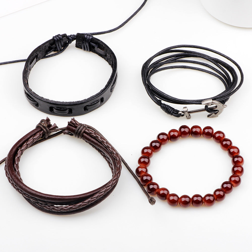 Casual Retro Anchor Pu Leather Alloy Wax Rope Beaded Unisex Wristband