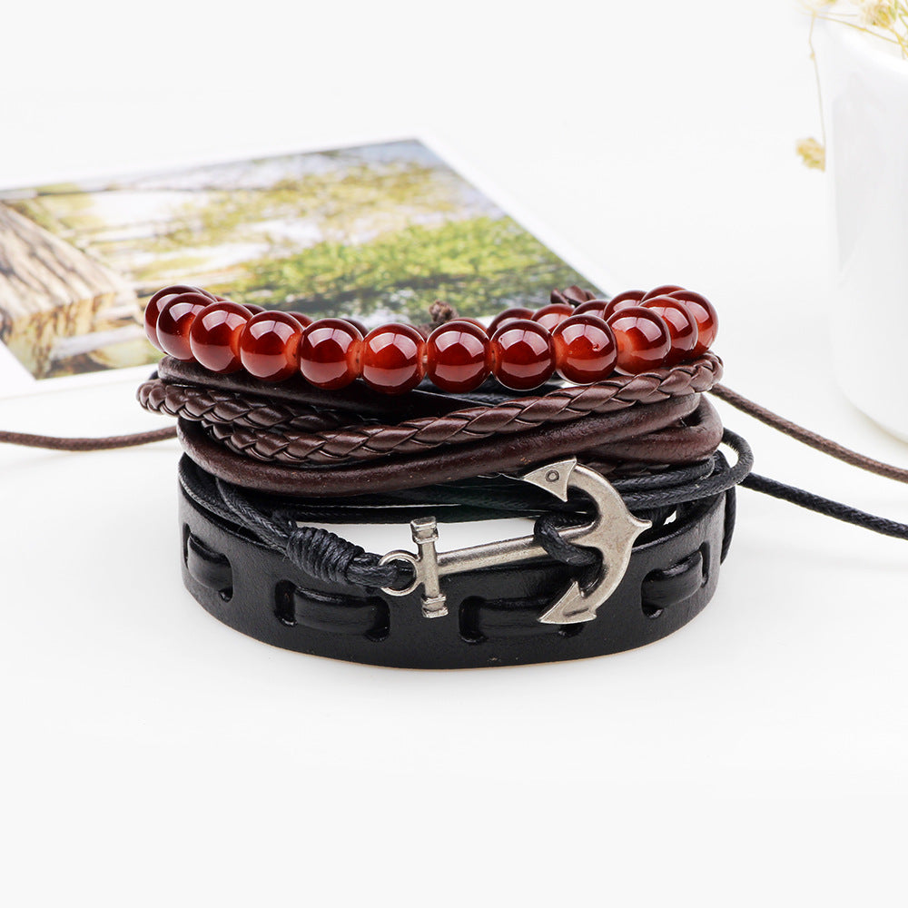 Casual Retro Anchor Pu Leather Alloy Wax Rope Beaded Unisex Wristband