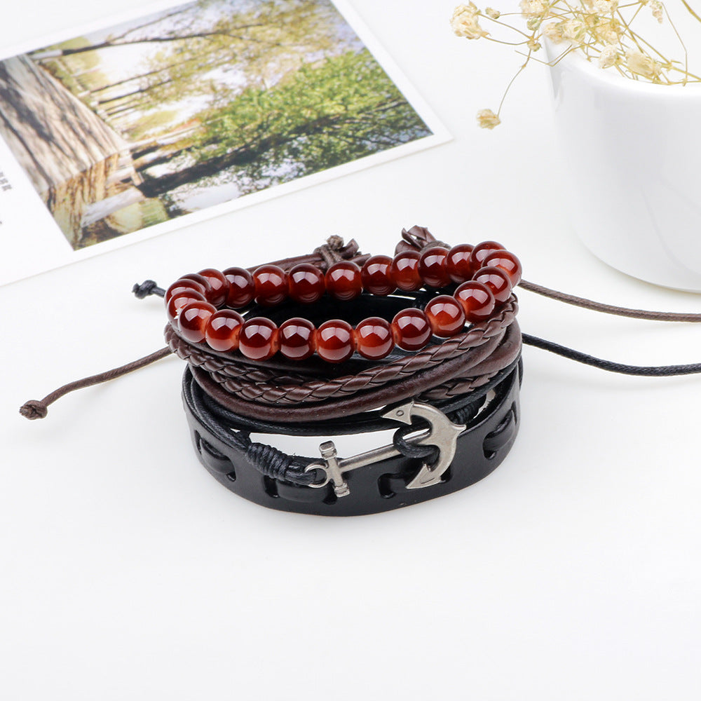 Casual Retro Anchor Pu Leather Alloy Wax Rope Beaded Unisex Wristband