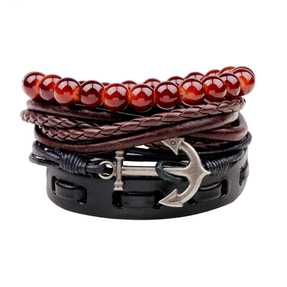 Casual Retro Anchor Pu Leather Alloy Wax Rope Beaded Unisex Wristband