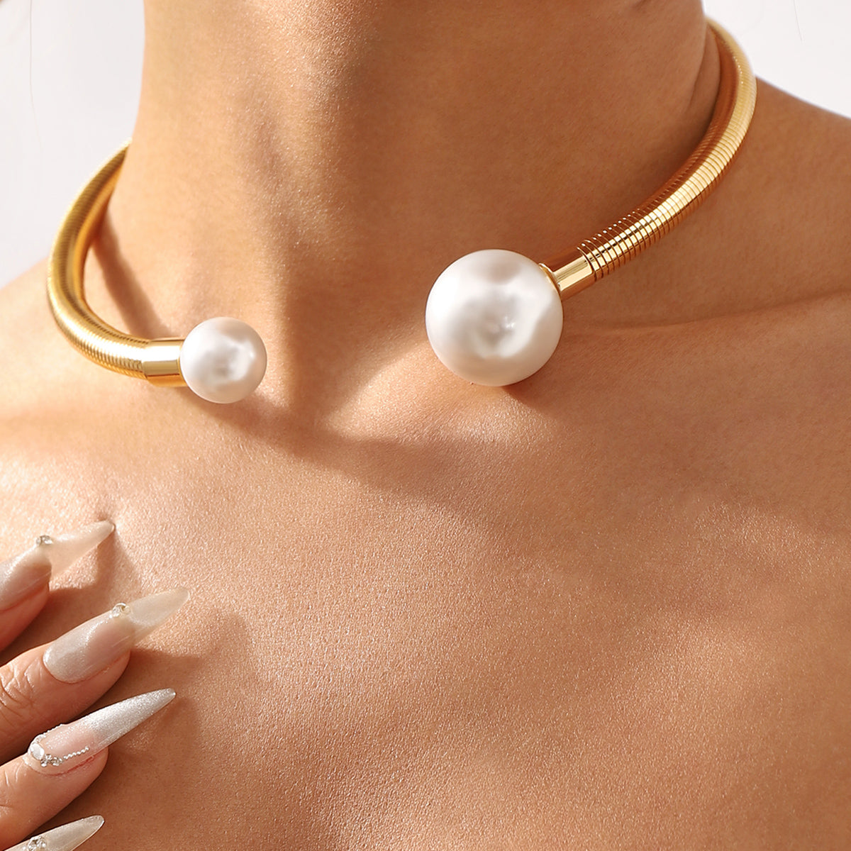 Elegant Exaggerated Streetwear Geometric Imitation Pearl Iron Choker