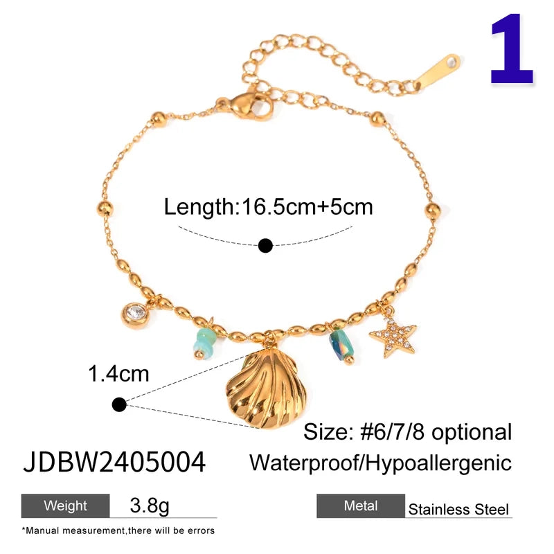 Vacation Marine Style Beach Starfish Shell 304 Stainless Steel Zircon 18K Gold Plated Inlay Anklet