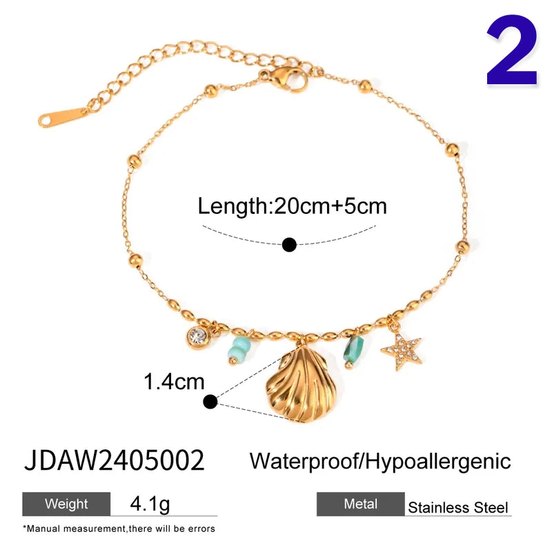 Vacation Marine Style Beach Starfish Shell 304 Stainless Steel Zircon 18K Gold Plated Inlay Anklet