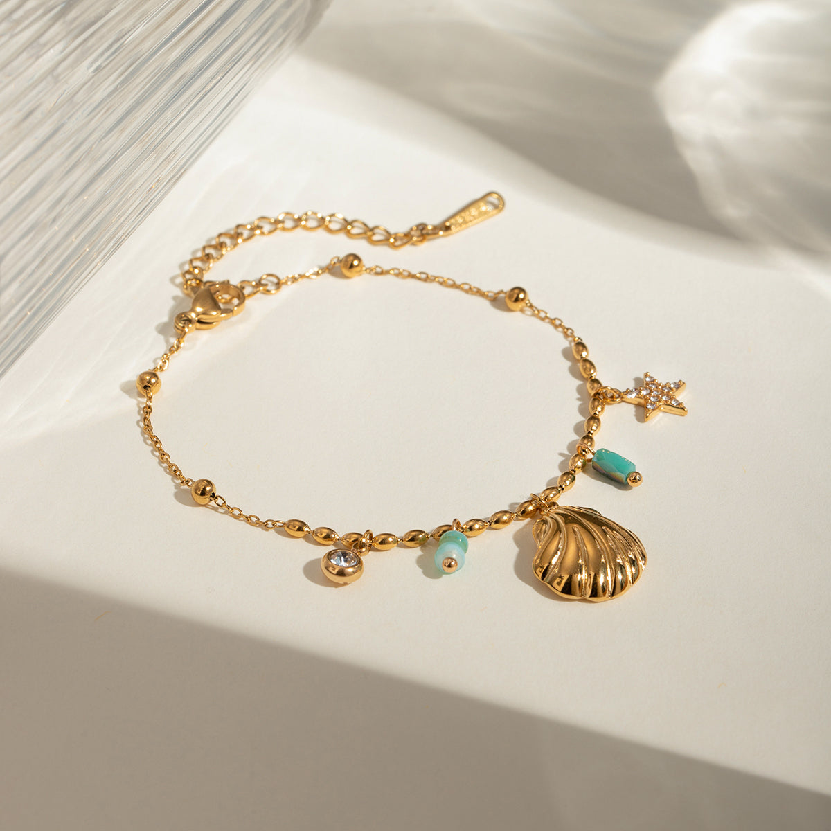 Vacation Marine Style Beach Starfish Shell 304 Stainless Steel Zircon 18K Gold Plated Inlay Anklet