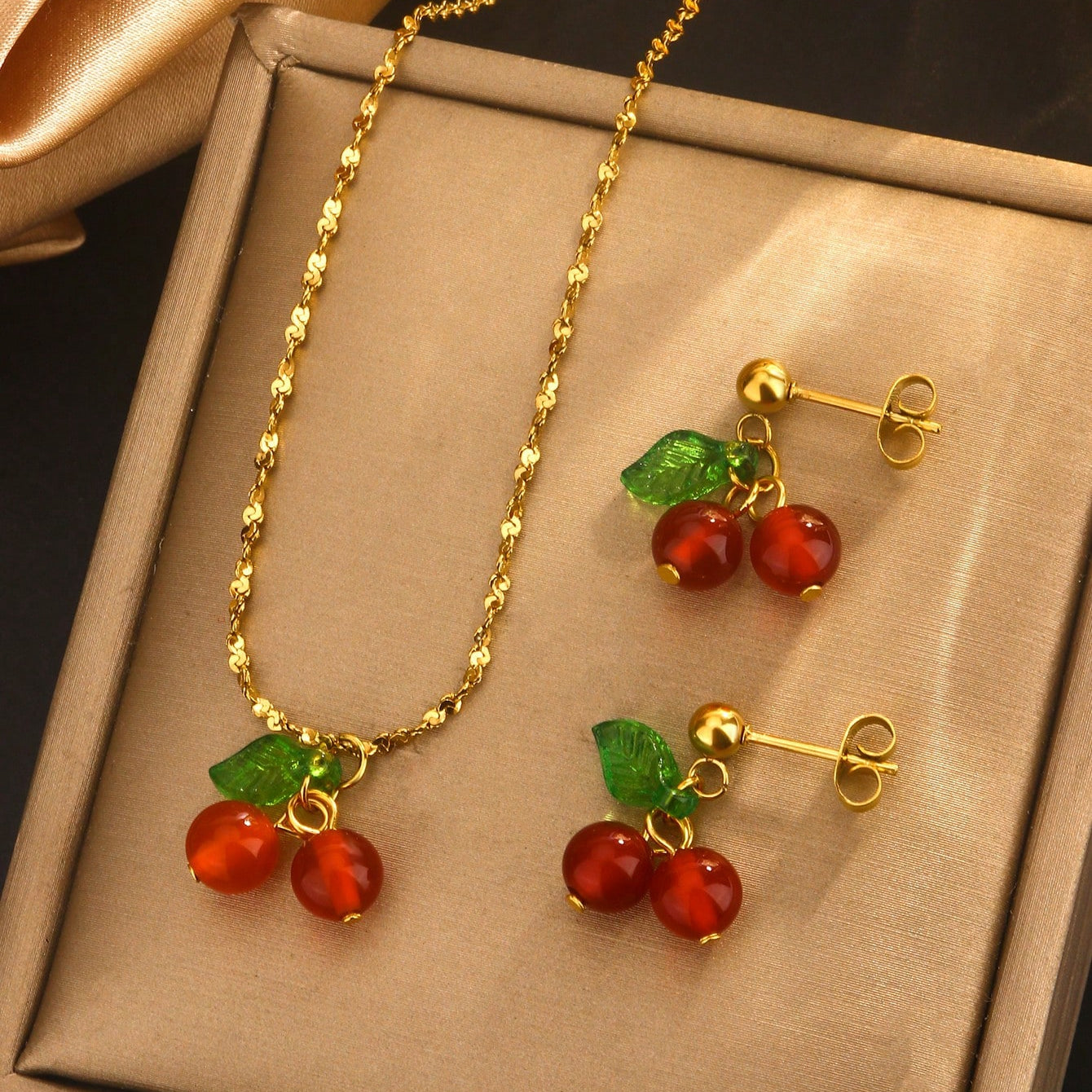 Cute Sweet Cherry Fruit 304 Stainless Steel Jewelry Set