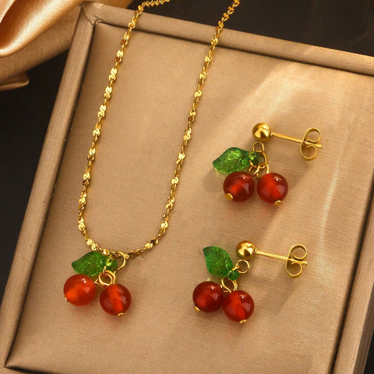 Cute Sweet Cherry Fruit 304 Stainless Steel Jewelry Set