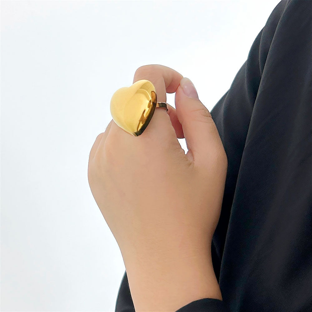 Oversized Cute Heart Shape 304 Stainless Steel 18K Gold Plated Ring