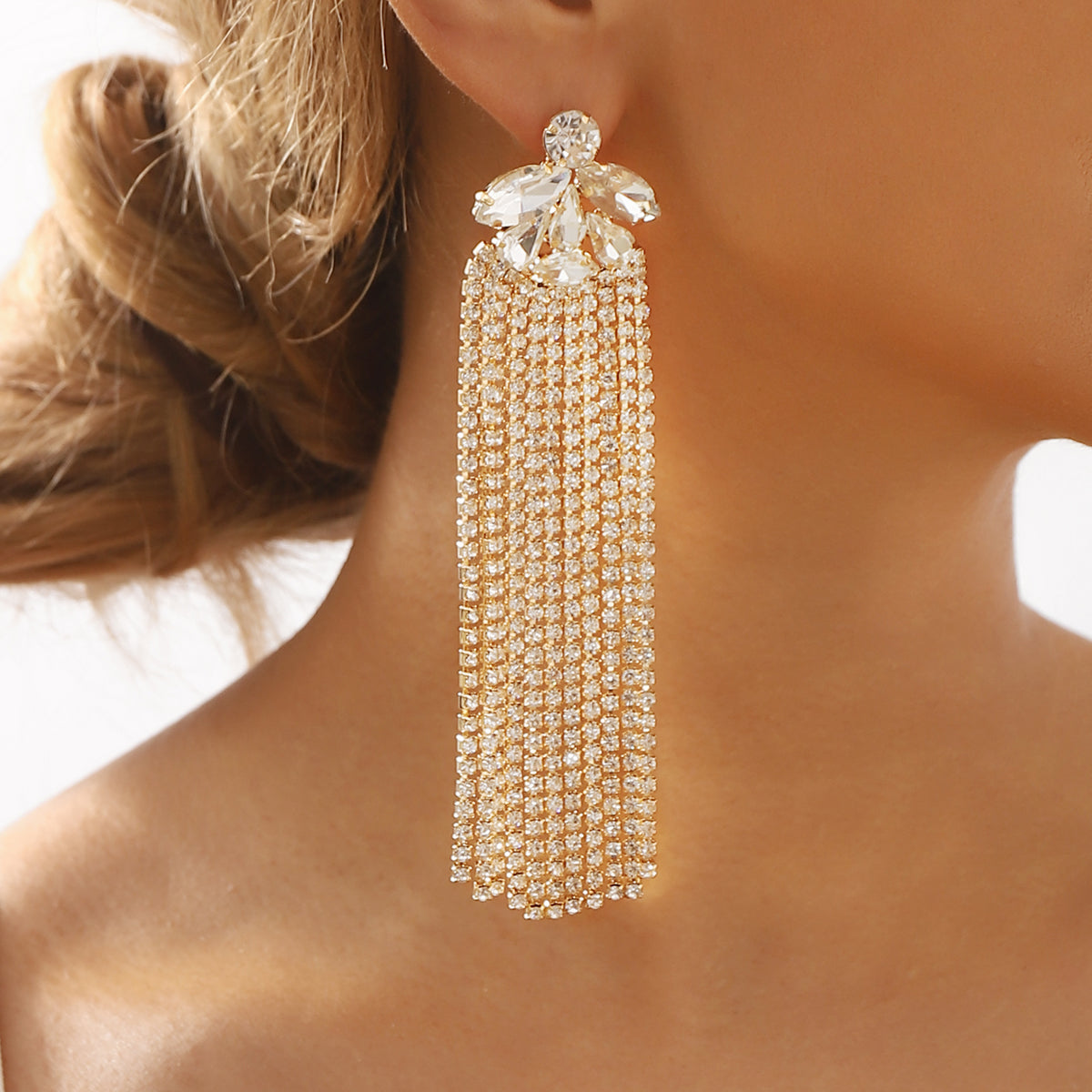 Glam Luxurious Bridal Tassel  Rhinestones Drop Earrings