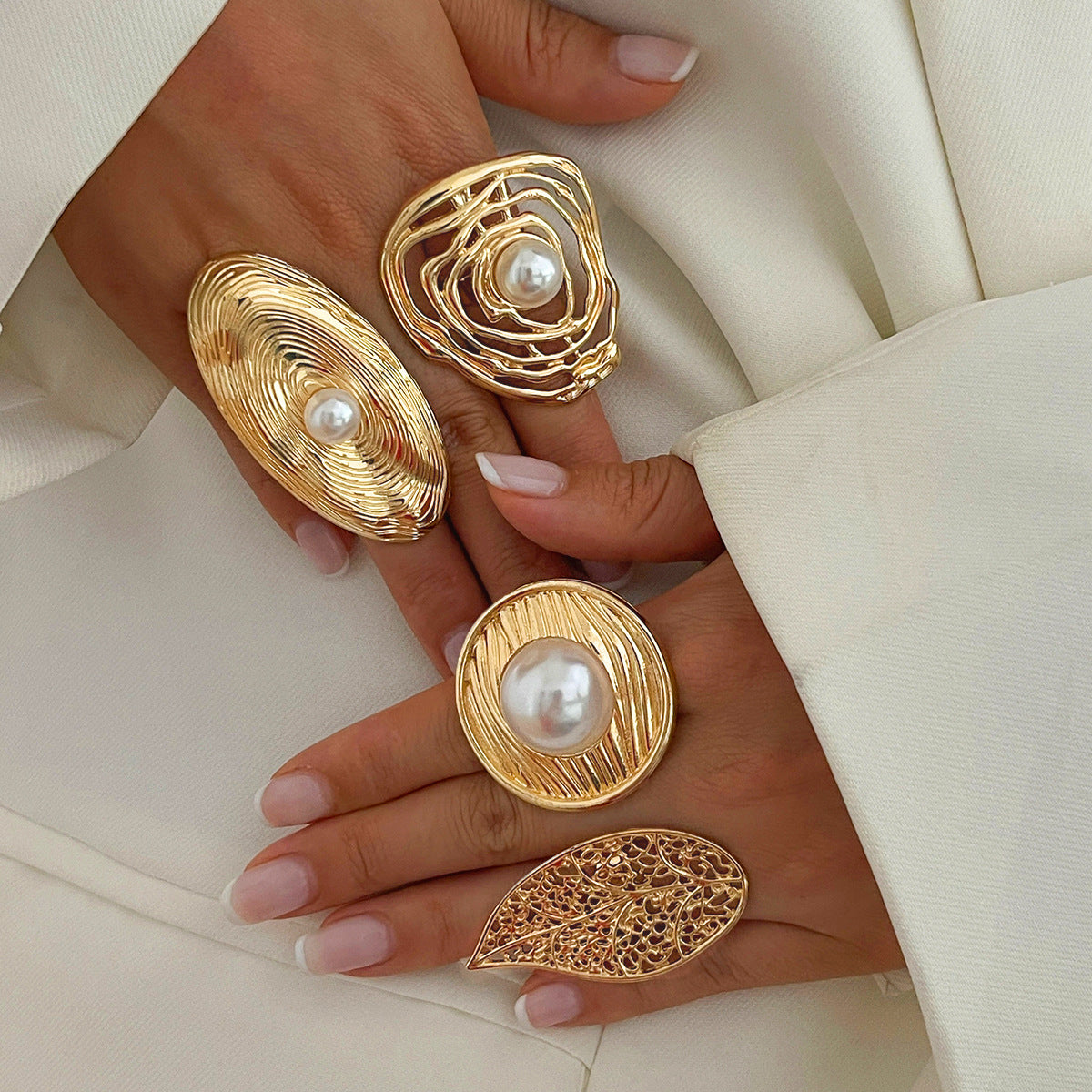 Oversized Oval Women's Open Rings with Pearl