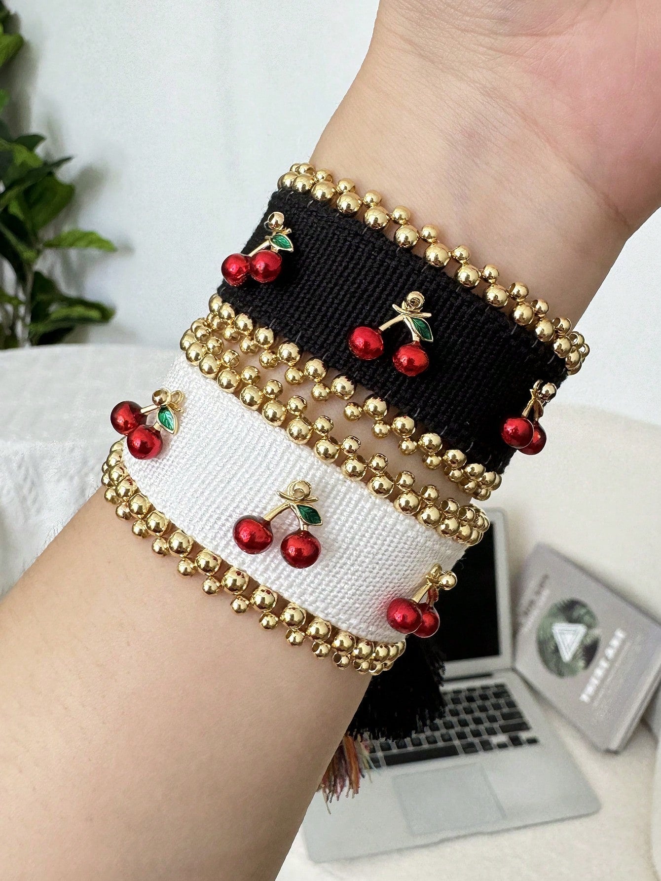 Ethnic Style Cherry Cotton Blend Brass  Drawstring Bracelets