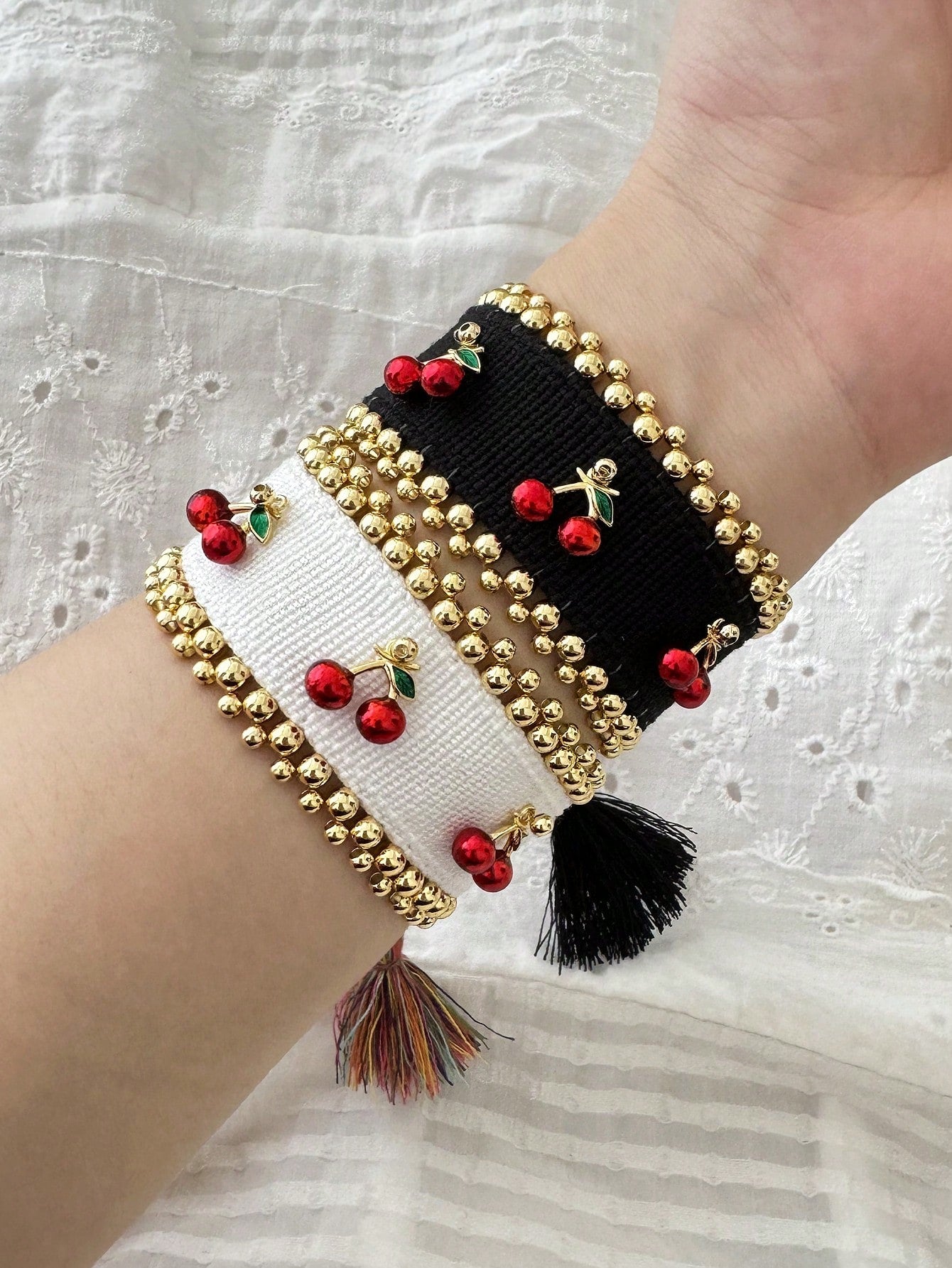 Ethnic Style Cherry Cotton Blend Brass  Drawstring Bracelets