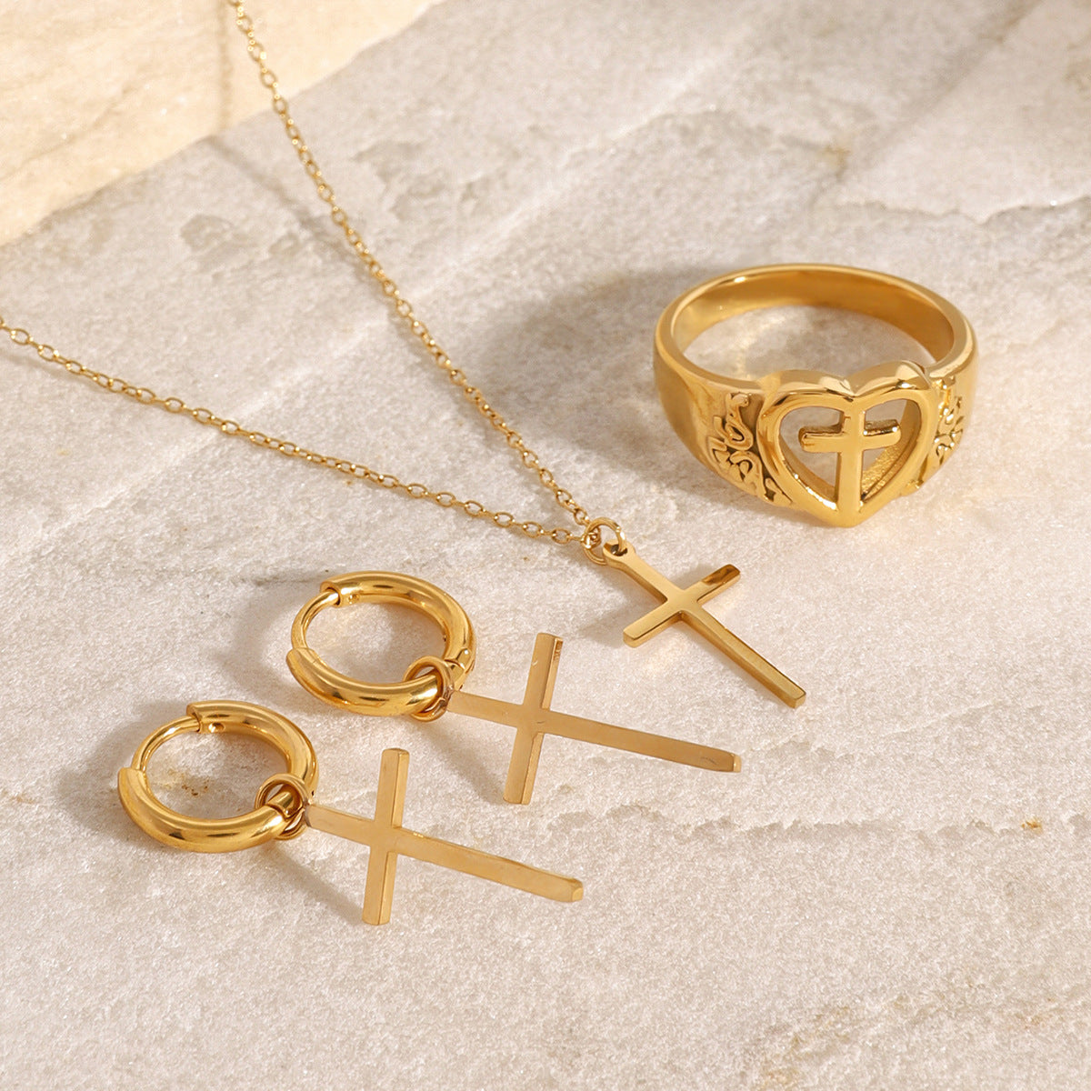 Cross 304 Stainless Steel 18K Gold Plated Plating Jewelry Set