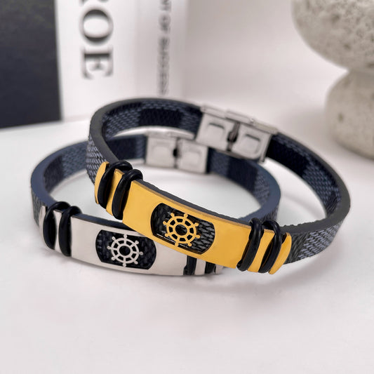 Vintage Style Geometric 304 Stainless Steel Pu Leather Men's Bangle