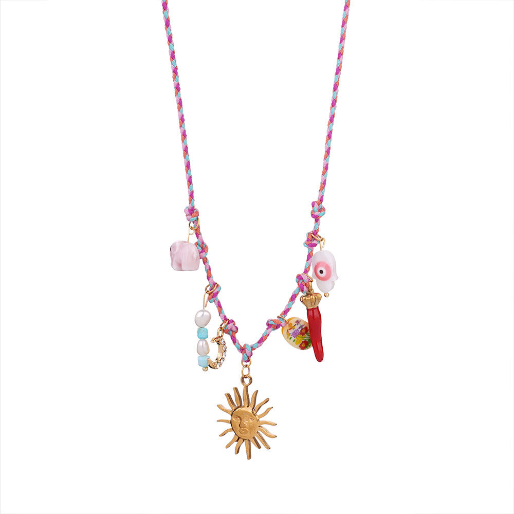 Sun 304 Stainless Steel Artificial Crystal Ceramics Multi Charms Necklace