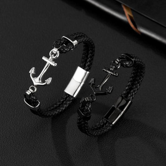 Vintage Style Anchor 304 Stainless Steel Pu Leather Wrap Bracelet