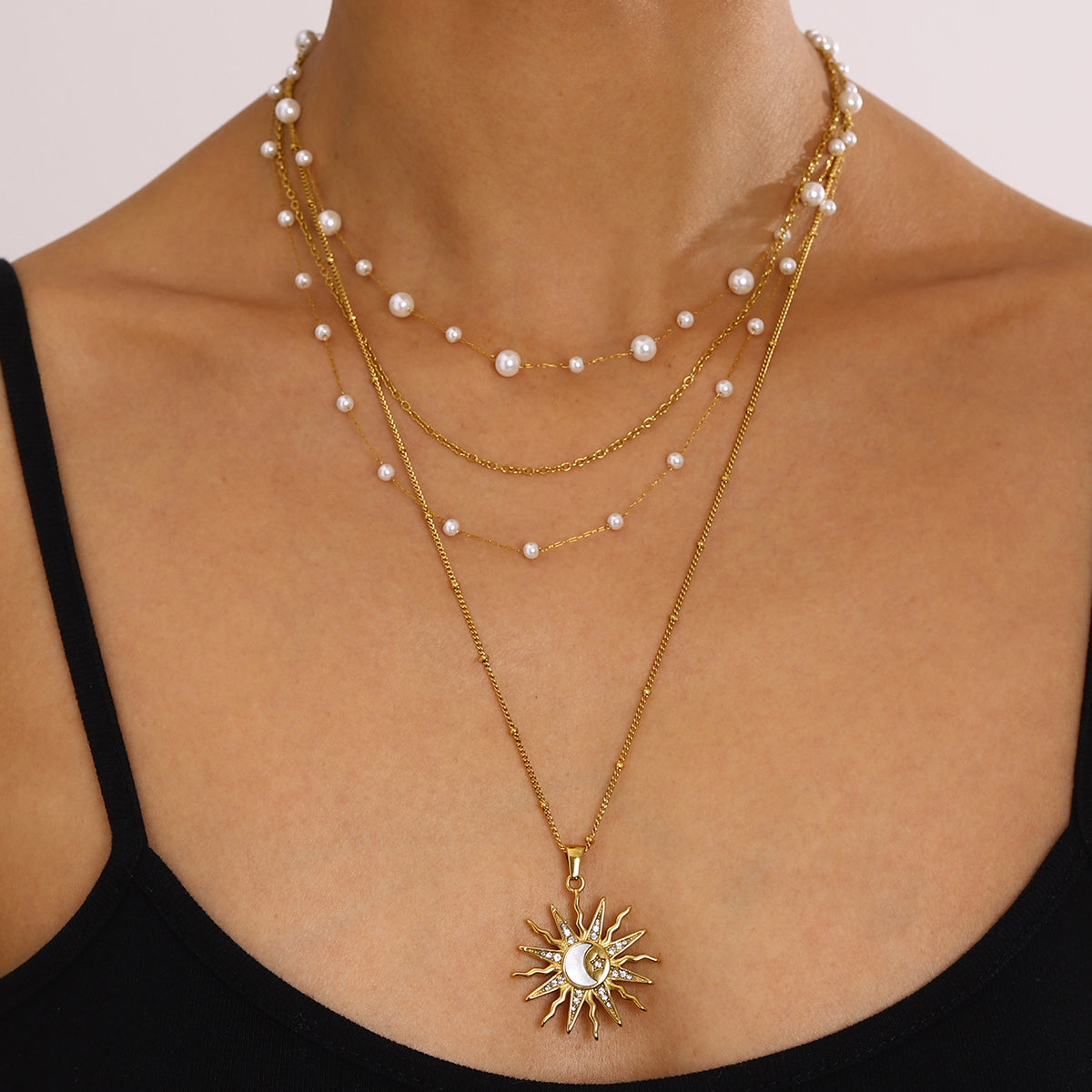 Sun Star Moon 304 Stainless Steel Shell Zircon Necklace