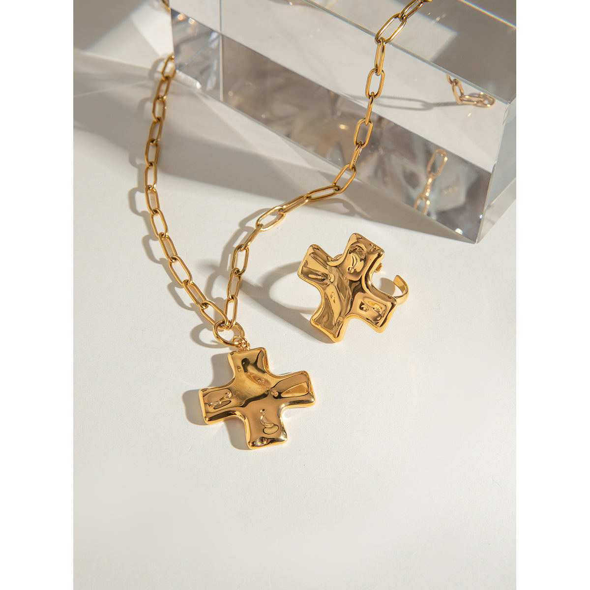 18K Gold Stainless Steel Cross Pendant Necklace and Ring