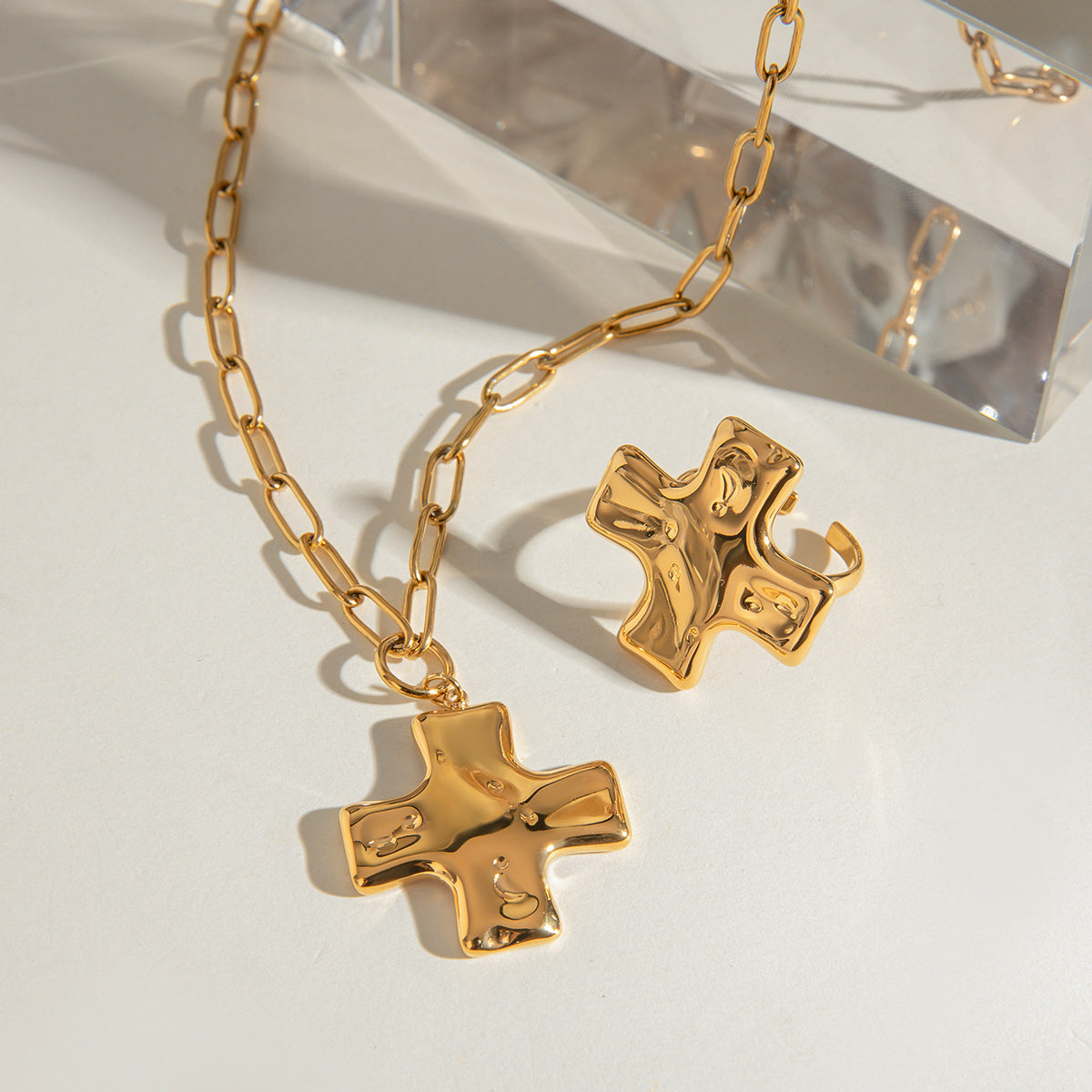 18K Gold Stainless Steel Cross Pendant Necklace and Ring