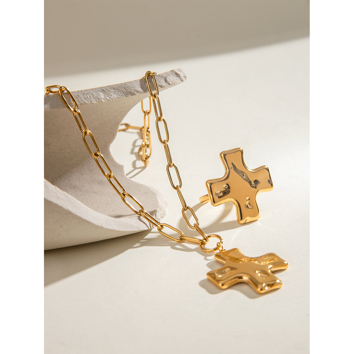 18K Gold Stainless Steel Cross Pendant Necklace and Ring