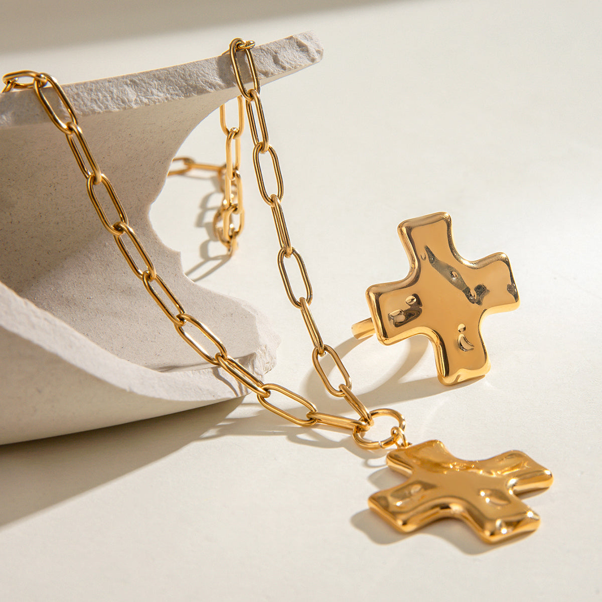 18K Gold Stainless Steel Cross Pendant Necklace and Ring