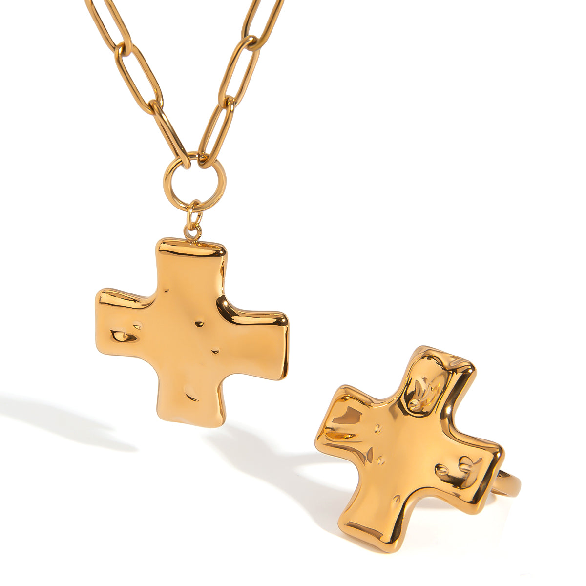 18K Gold Stainless Steel Cross Pendant Necklace and Ring