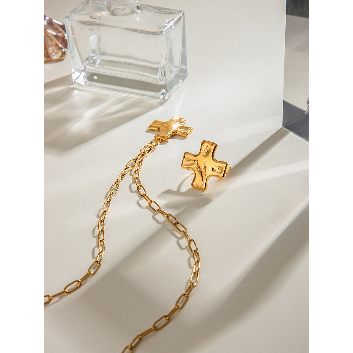 18K Gold Stainless Steel Cross Pendant Necklace and Ring