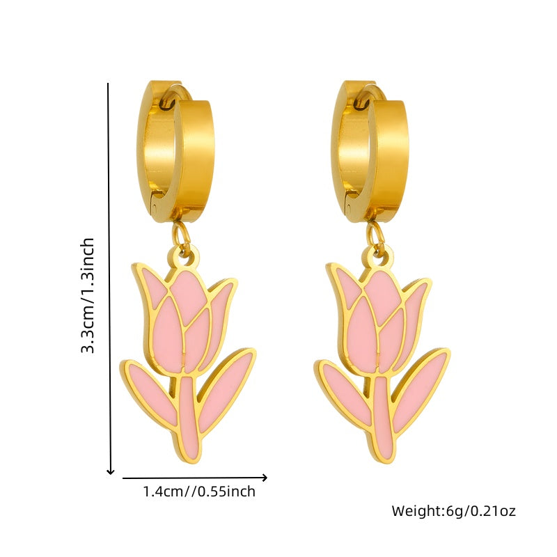 Sweet Flower Epoxy 304 Stainless Steel 18K Gold Plated Drop Earrings