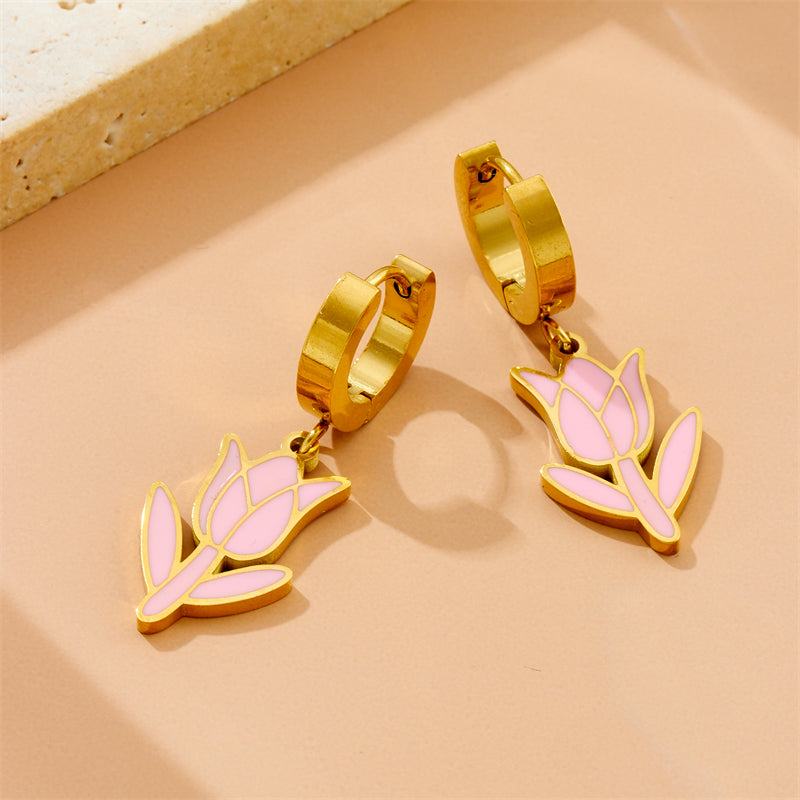 Sweet Flower Epoxy 304 Stainless Steel 18K Gold Plated Drop Earrings