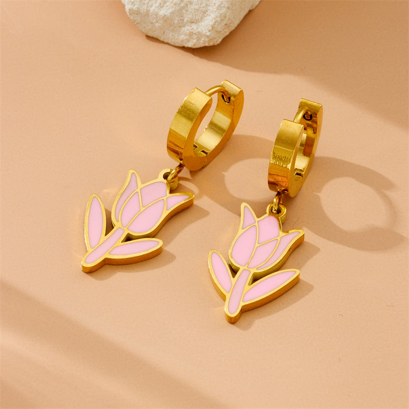 Sweet Flower Epoxy 304 Stainless Steel 18K Gold Plated Drop Earrings