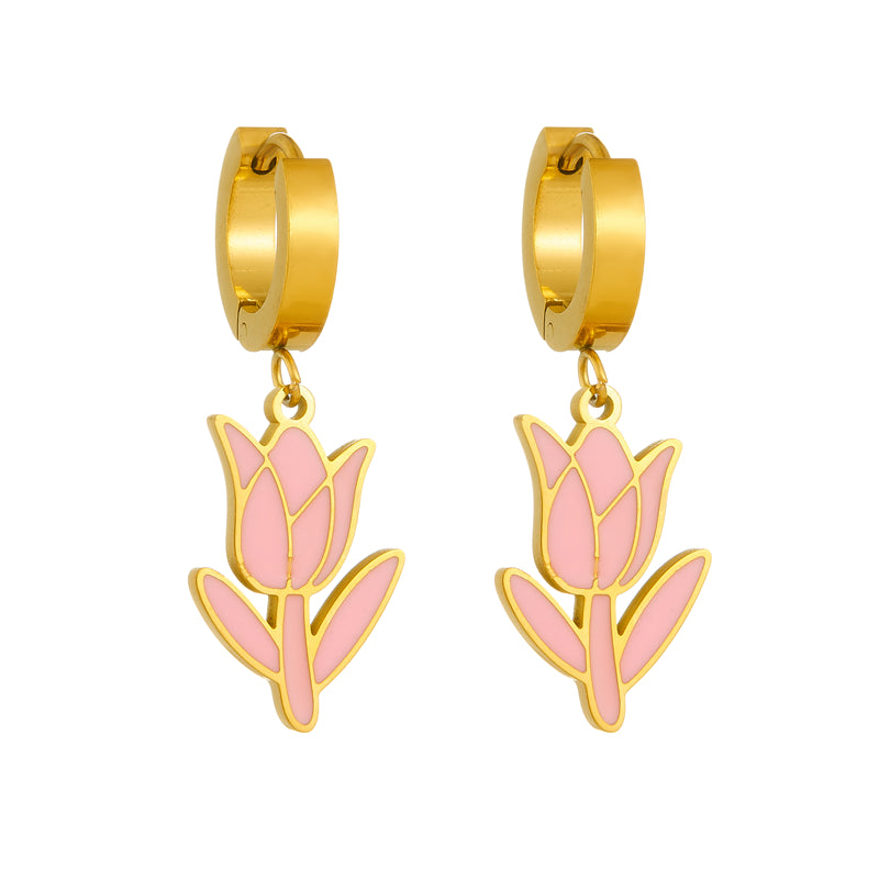 Sweet Flower Epoxy 304 Stainless Steel 18K Gold Plated Drop Earrings