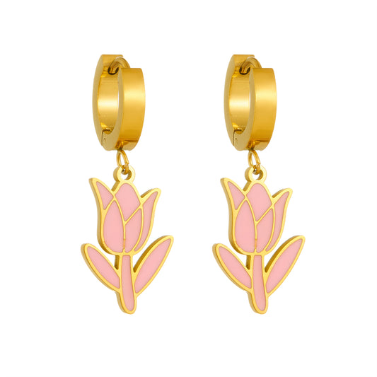 Sweet Flower Epoxy 304 Stainless Steel 18K Gold Plated Drop Earrings