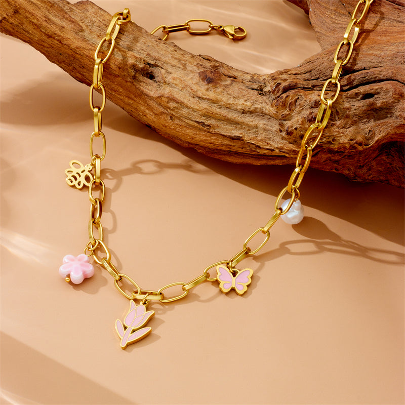 Sweet Flower Stainless Steel Multi Charms Necklace