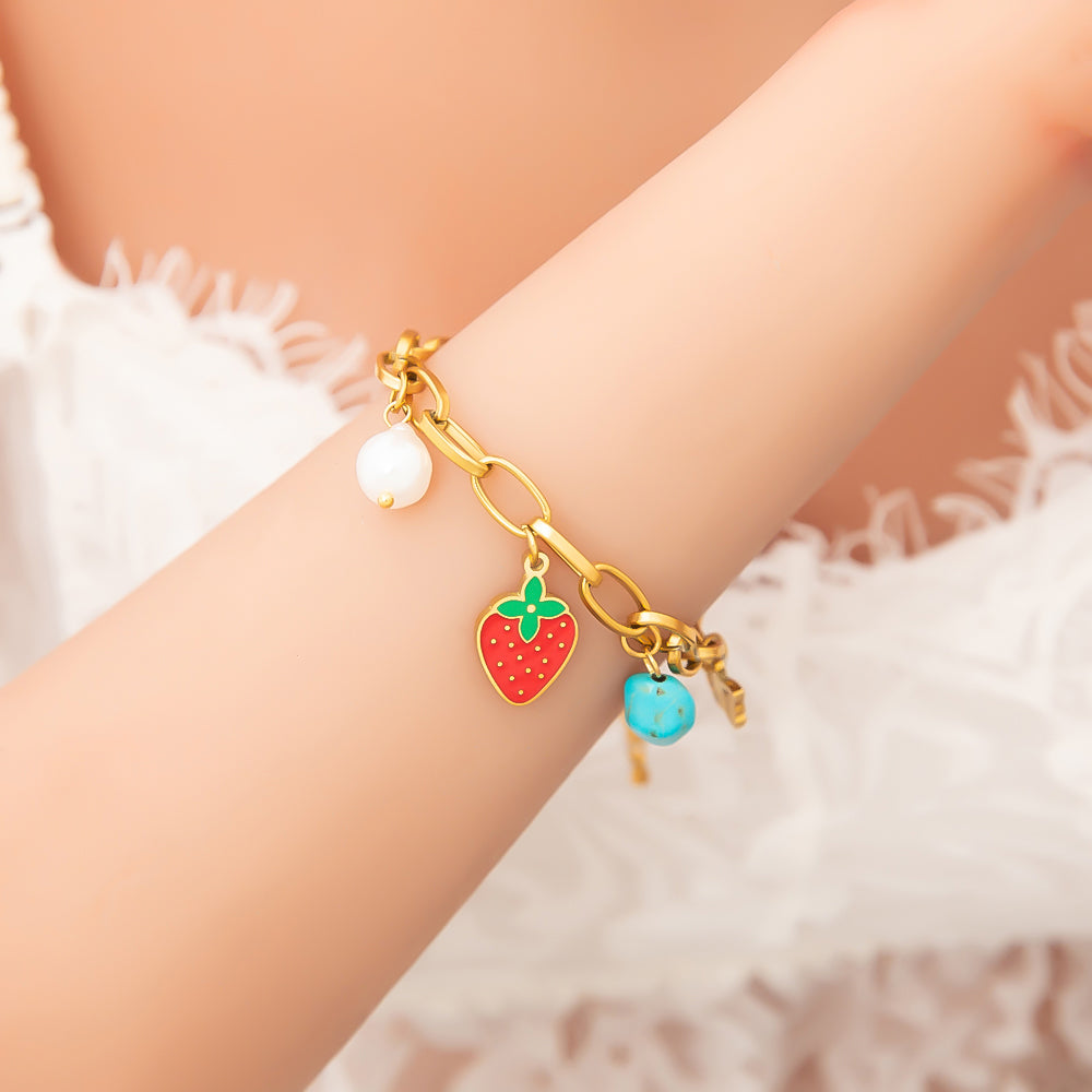 Cute Fruit Flower Strawberry 304 Stainless Steel Multi Charms Bracelet