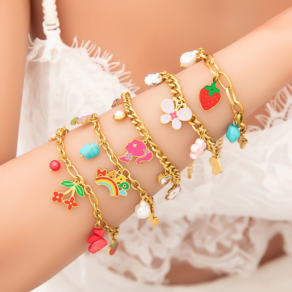 Cute Fruit Flower Strawberry 304 Stainless Steel Multi Charms Bracelet