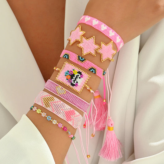 Retro Classic Style Hexagram Heart Shape Flower Glass Beaded Chain String Bracelets