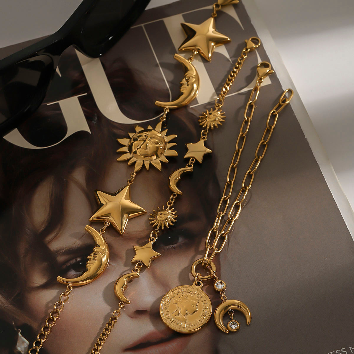 Sun Star Moon 316 Stainless Steel Cuban Link Chain Curb Chain Bracelets