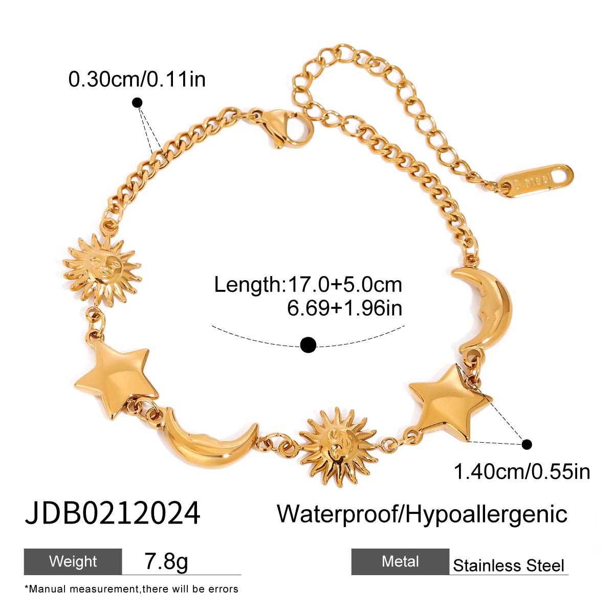 Sun Star Moon 316 Stainless Steel Cuban Link Chain Curb Chain Bracelets